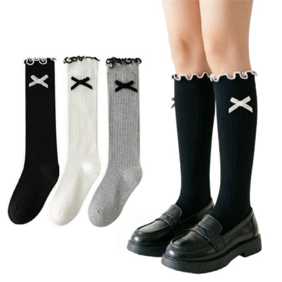 3 Pairs Girls Knee High Socks Ruffle Bow Cotton Socks Cute Preppy Cotton Socks Kids School Uniform Sock for School 3-12Y