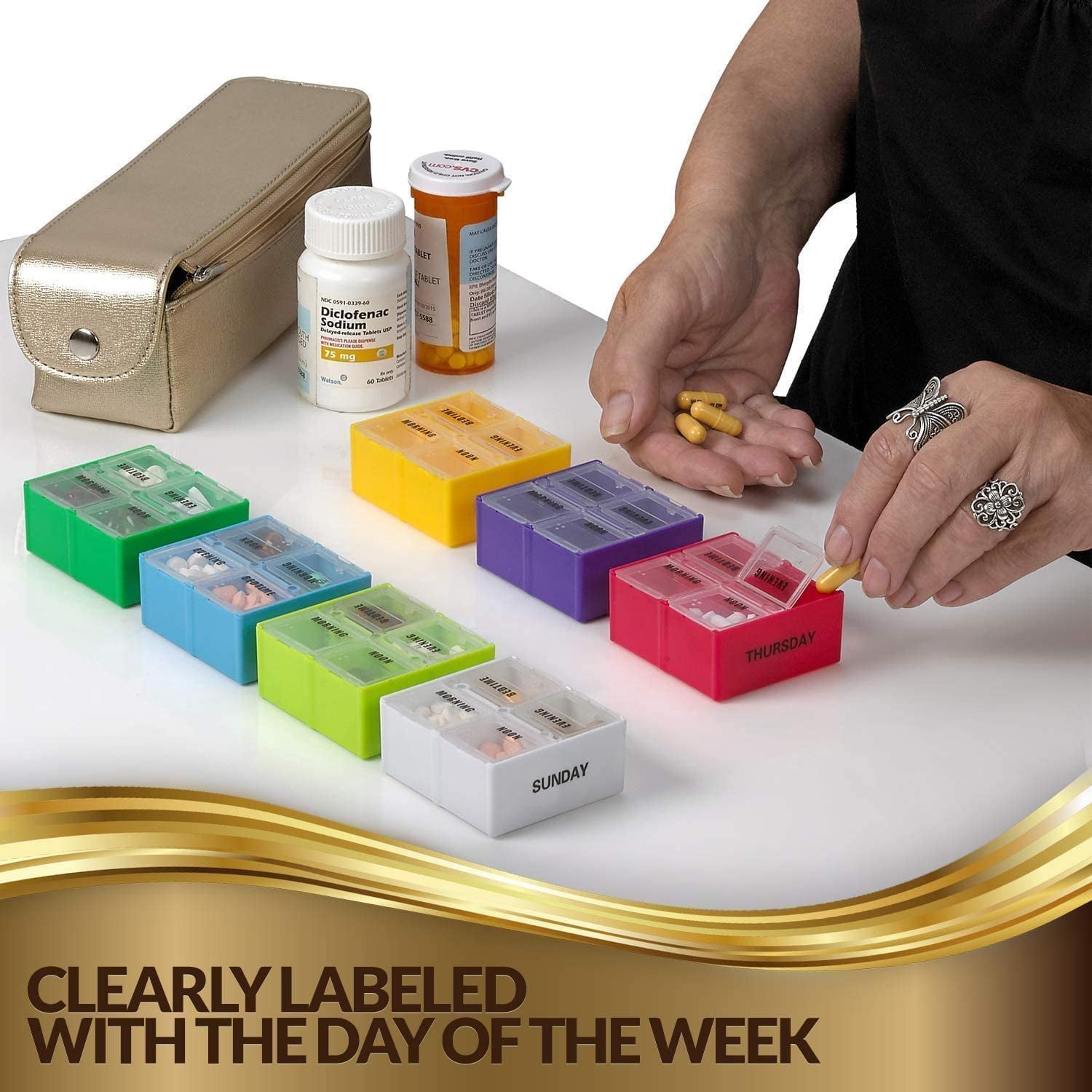 Large 7 Day Pill Planner Organizers Boxes Gold Leather Case -2 Pack by MEDca