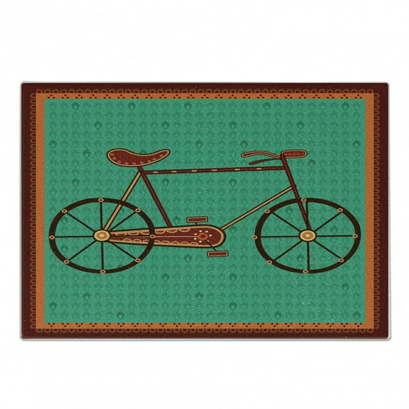 Bicycle Cutting Board, Design of a Bike in Desi Art Style Folkloric Framework, Decorative Tempered Glass Cutting and Serving Board, Small Size, Green Brown Orange, by Ambesonne