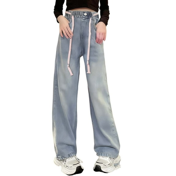 Atogsazn Children's Girl Wide Leg Jeans Kids Casual Lightweigt Denim Pant Elastic Waisted Trouser with Pocket Clothing 04-Blue 6-7Years Fashion