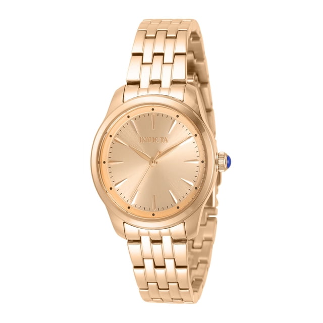 reloj invicta angel 31089 rosa reloj para mujer Invicta con caja y brazalete metálico rosa, esfera rosa minimalista con marcadores de índices aplicados, corona con cabujón azul, vista frontal 3/4 centrada sobre fondo blanco; a menudo usado como accesorio de moda.