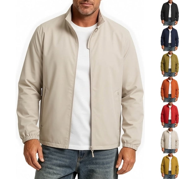Men's Classic Windbreaker Old Money Golf Jacket Stand Collar Lightweight Full Zip Outerwear with Zipper Pockets for Hiking Travel, White, XXXL