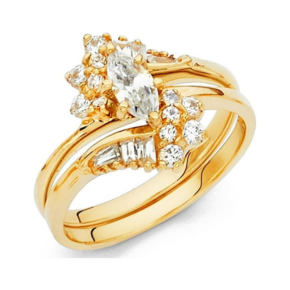 14k Yellow Gold Marquise CZ Engagement Ring & Wedding Band Bridal Rings Set Cluster Side Stones, Size 7
