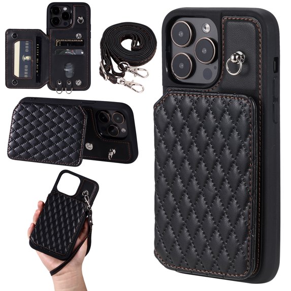 Case for iPhone 13 Pro Max 6.7", Detachable Crossbody Strap Wallet Case with Card Slots, Stand Ring Flip PU Leather Protective Cover Lanyard for Women for iPhone 13 Pro Max, Black