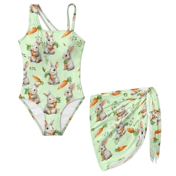 SEANATIVE Swimsuits for Teen Girls One Piece Bathing Suit See-Through Cover Ups Cut Out Back Beachwear for Surfing Water Park, Size 7-8, Rabbit Carrot Print Green
