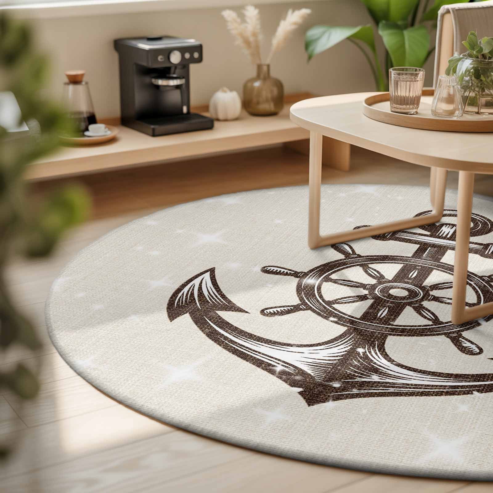 Large Round Rug 8Ft, Nautical Anchor Non-Slip Washable Circle Rugs Carpet, Vintage Coastal Rudder Farmhouse Beige Indoor Outdoor Rug Floor Mats Throw Runner for Bedroom Living Room Bathroom