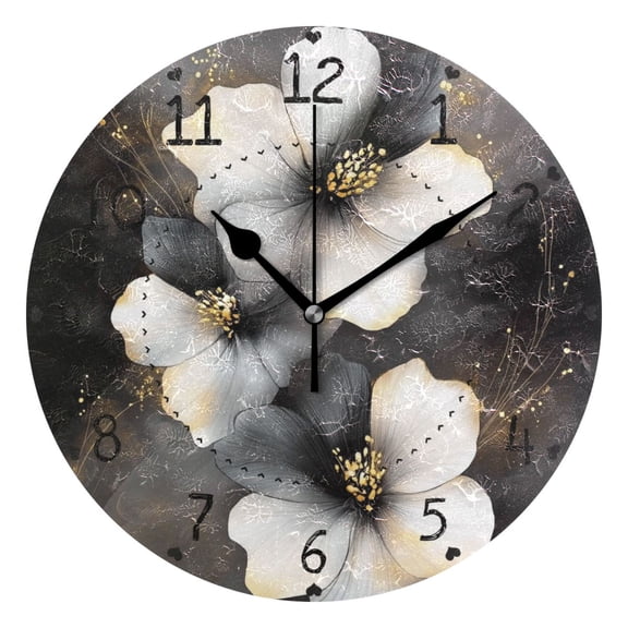 Black and White Flower Round Wall Clock Silent Battery Operated Home Decor for Living Room Bedroom