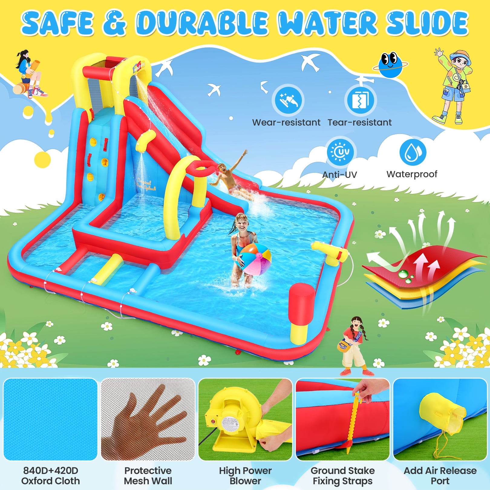 Inflatable Water Slide with 480W Blower, Bounce House for Big Kids, 15-in-1 Blow up Jumping Castle with Dual Pools, Obstacle Course, Water Cannon, Indoor & Outdoor