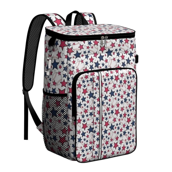 Travel Cooler Bag - Red White Blue Baseballs and Stars Pattern Camping Beer Cooler Backpack with Bottle Opener- Waterproof Insulated Picnic Backpacks - Cooler Bag for Beach