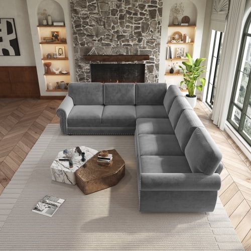 118" L-Shaped Sectional Sleeper Sofa with King Size Pull-Out Bed, Chenille Upholstered, Nailhead Trim & Rolled Arms, Grey