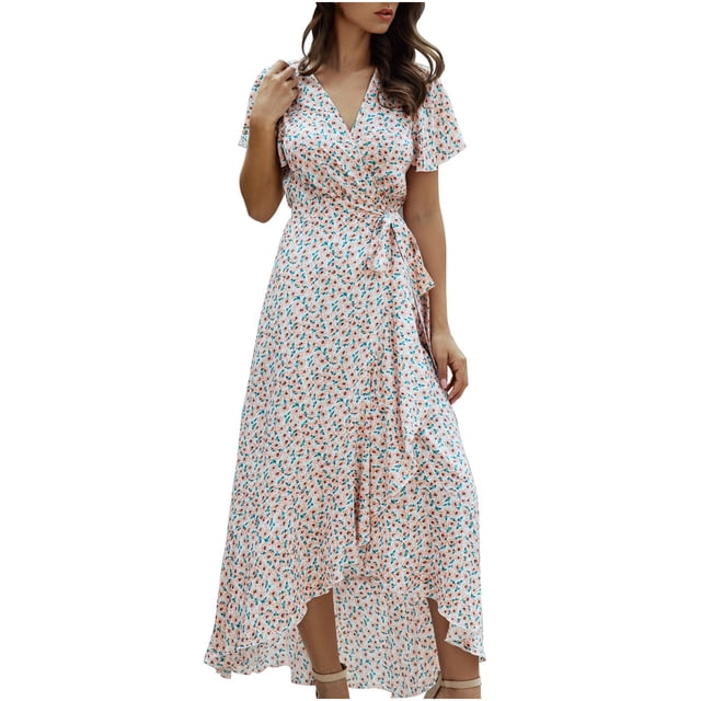SMihono Robe d'Été pour Femmes Grande Taille Été Femmes Aguichant à Col en V Imprimée Dames à Manches Courtes Robe de Plage Décontractée