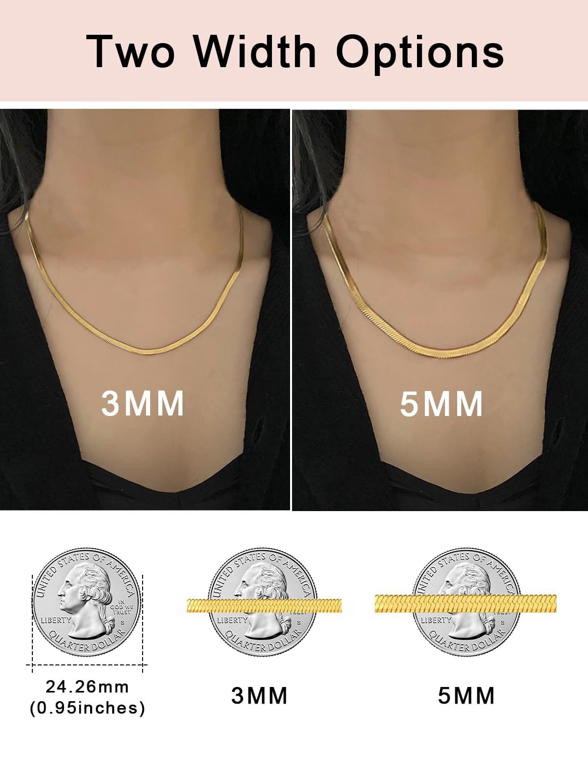 FOCALOOK Flat Snake Chain for Women Stainless Steel Gold Plated Herringbone Choker Necklace Jewelry Birthday Christmas Valentine's Day Gifts 3MM 18 Inches