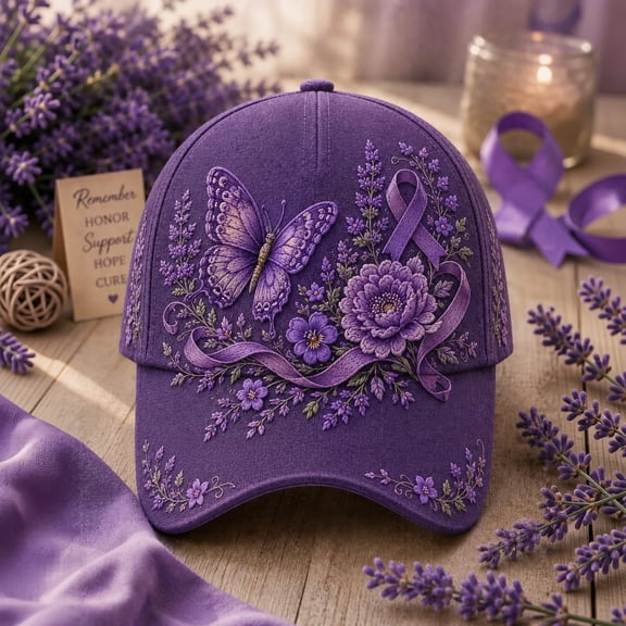 LTTVQM Gradient Purple Lavender Floral Ghost Alzheimer's Awareness Hat, Purple Ribbon Adjustable Baseball Cap Unisex