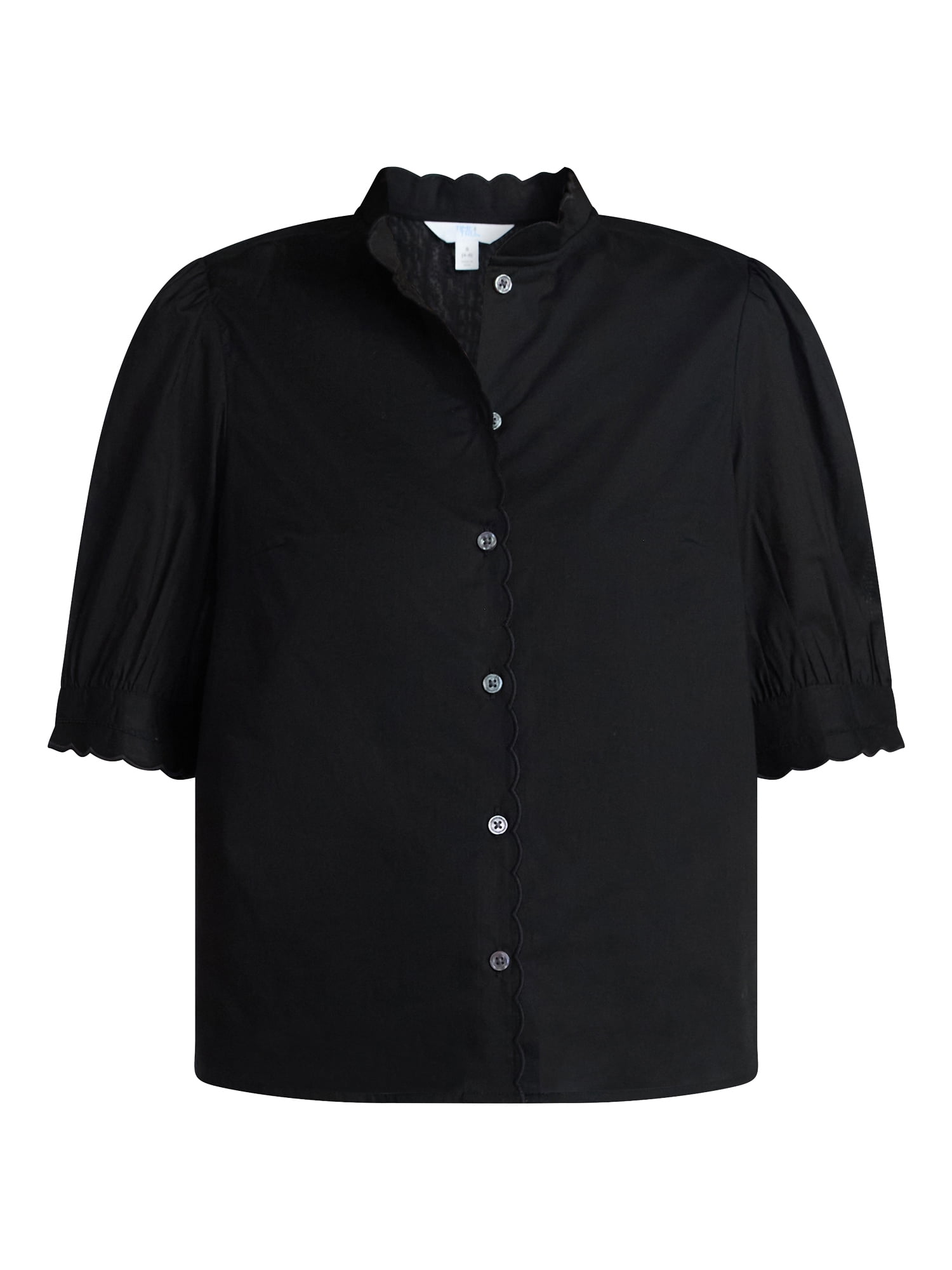 Time and Tru Women's Cotton Scalloped Edge Blouse with Short Sleeves, Sizes XS-XXXL