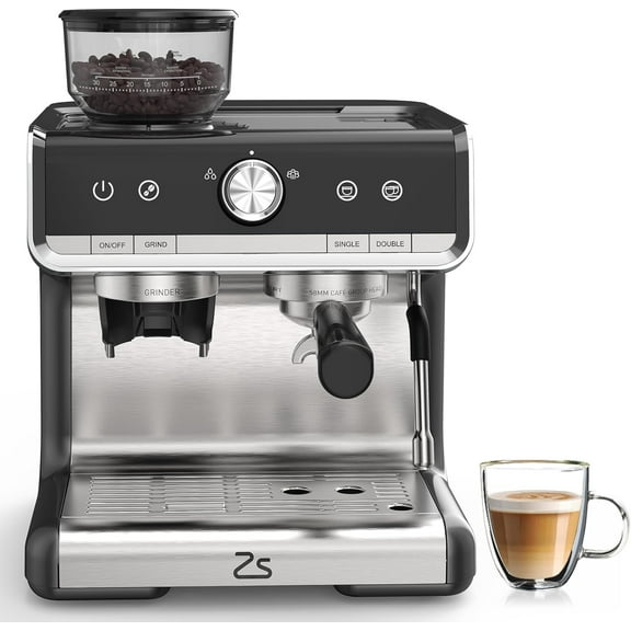 Espresso Coffee Machine with Grinder, 20 Bar Semi-Automatic Espresso Maker with Milk Frother Steamer Wand for Cappuccino, Latte, Macchiato, 2.8 L Water Tank, PID Temperature Control, Silver