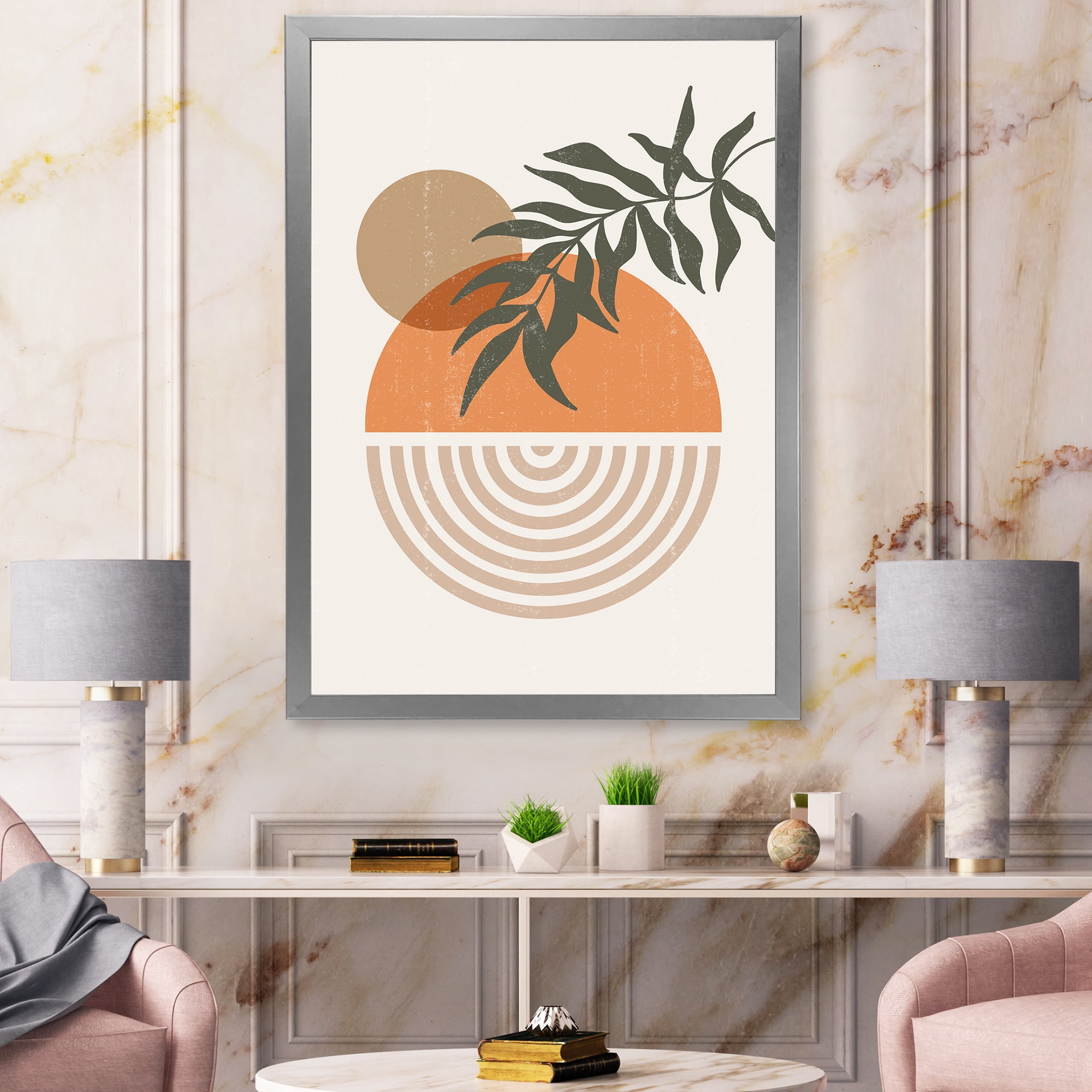 Designart 'Abstract Geometrical Moon and Sun With Leaf I' Modern Framed Art Print