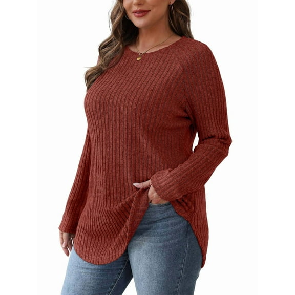 Long Sleeve Shirts for Women Tunic Tops Loose Fit Dressy Crew Neck Pullover Basic Sweaters Caramel Color L
