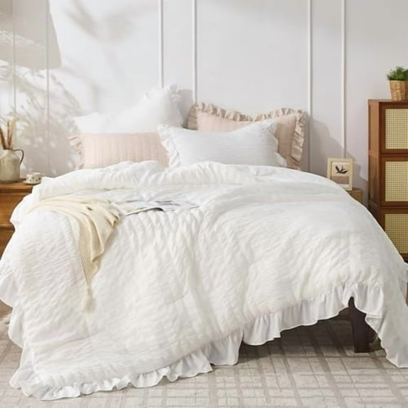 White Twin Size Comforter Set, 2 Pieces Seersucker Lightweight Fluffy Bedding Set, Twin Ruffle Comforter, All Season Soft Microfiber Shabby Chic Bed Set