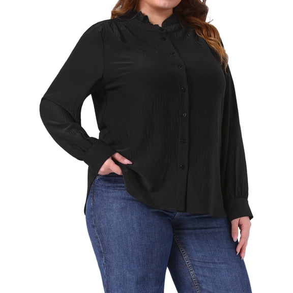 DARING DIVA Women's Plus Work Office Button Down Shirt Ruffle Stand Collar 1X Black