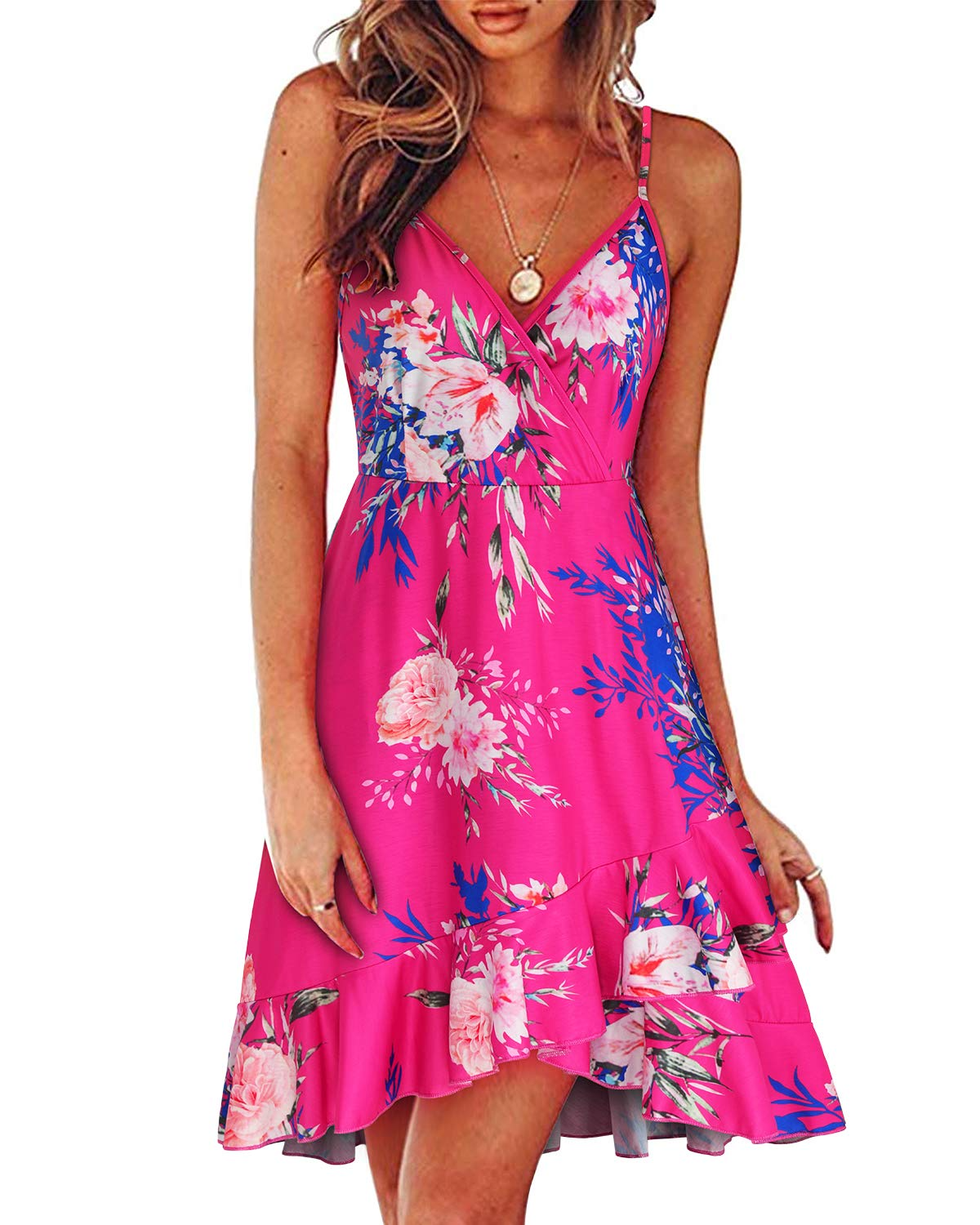 ULTRANICE Womens Summer Floral Wrap V Neck Sundress Adjustable Spaghetti Ruffle Swing Dress