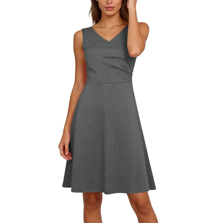 SKIYLEVZ Casual Dresses for Women Generic V Neck Ruched Drawstring Sleeveless Solid Mini Dress Multiple Colors Floral Vocation Beach Sundress Dark