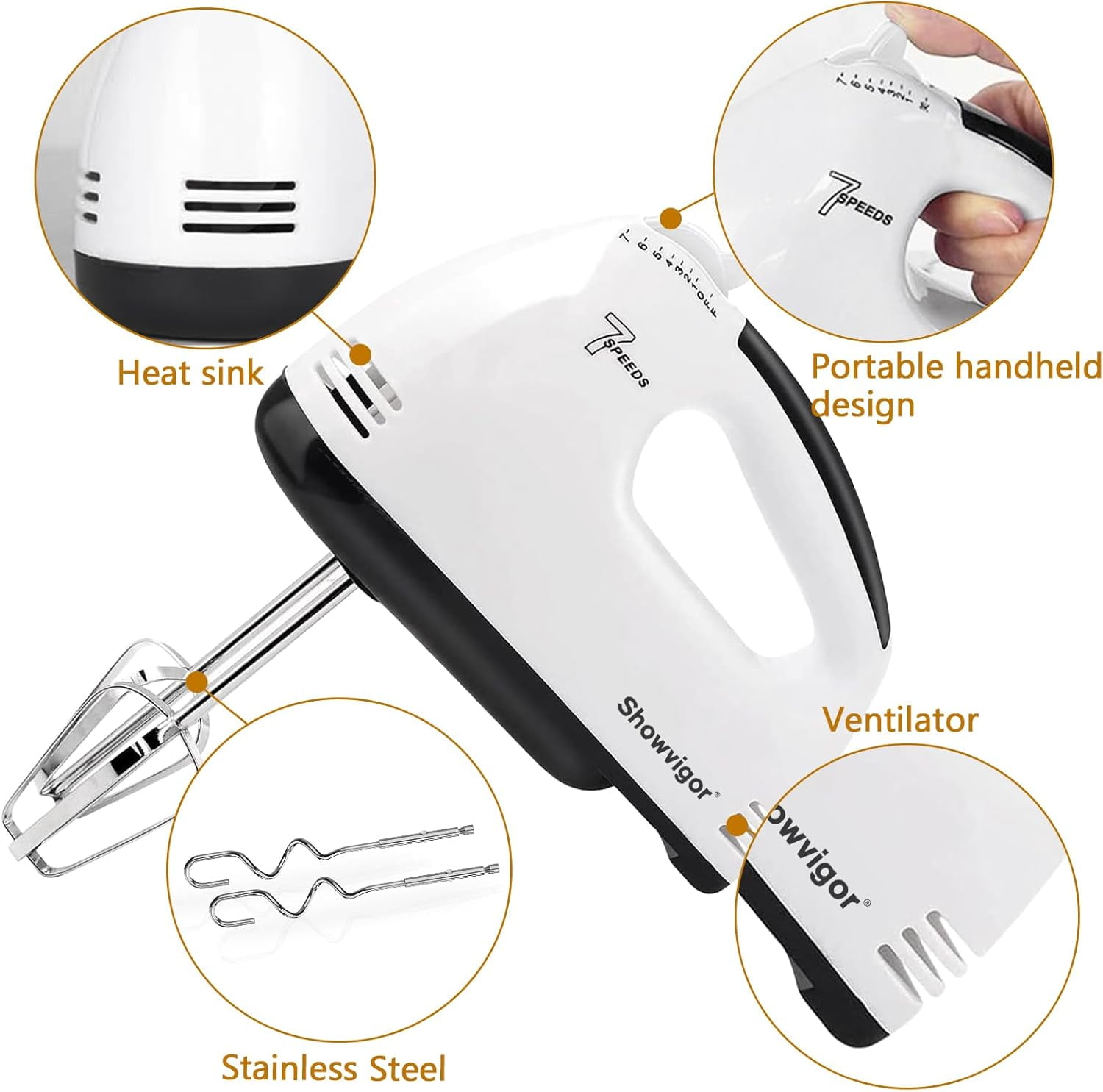Electric Hand mixer - 7 Adjustable Speed 180W Handheld Mixer Whisk with 5 Stainless Steel Accessories, Turbo Boost/Self-Control + Eject Button Food Beater for Cakes Eggs