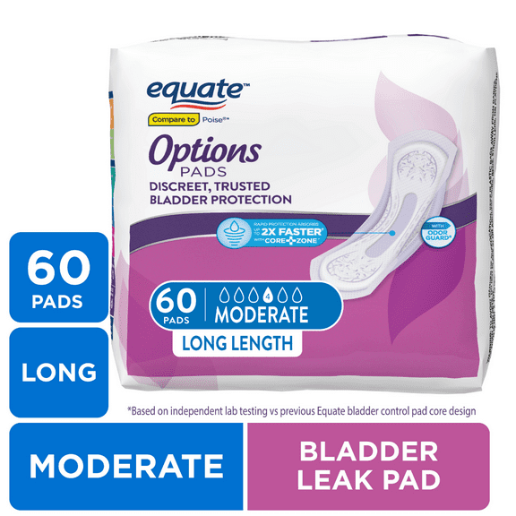 Equate Options Women's Incontinence Pads, Moderate Absorbency, Long Length (60 Count), Compare to Poise®