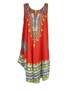 Mogul Women African Print Dashiki Red Loose Tank Dress Round Neck Sleeveless Flared Hippy Chic Sundress S