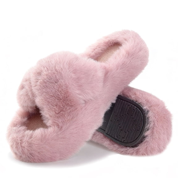 BERANMEY Women's Fuzzy Slippers Open Toe Cross Band Memory Foam House Slippers Indoor Outdoor Cozy Plush Slippers for Women Winter Warm Shoes