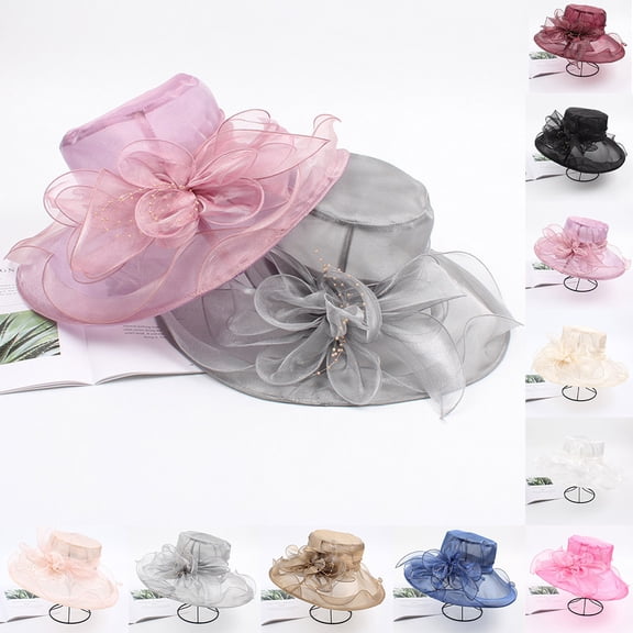 Helii Womens Organza Church Fascinator Hat –Flower Decor, Wide Brim Sun UV Protection for Lady Tea Party Wedding Bridal Sun Hats Cowboy Hat Cute Hats