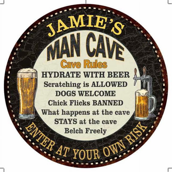 JAMIE'S Man Cave Rules 14" Round Metal Sign Garage Wall Decor 100140010180