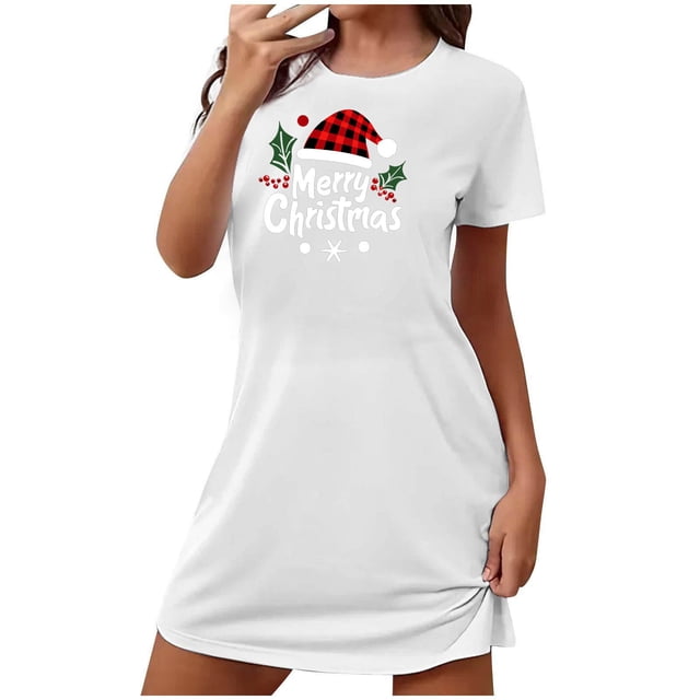 Camisón corto navideño para mujer, talla grande, con cuello redondo estampado y mangas cortas, para el pecho.