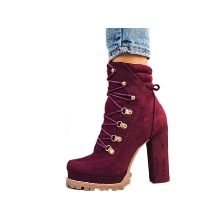 

Rotosw Women Ankle Boots High Heel Block Heels Bootie Lace Up Booties Breathable Round Toe Winter Shoes Walking Anti-Slip Wine Red 5.5