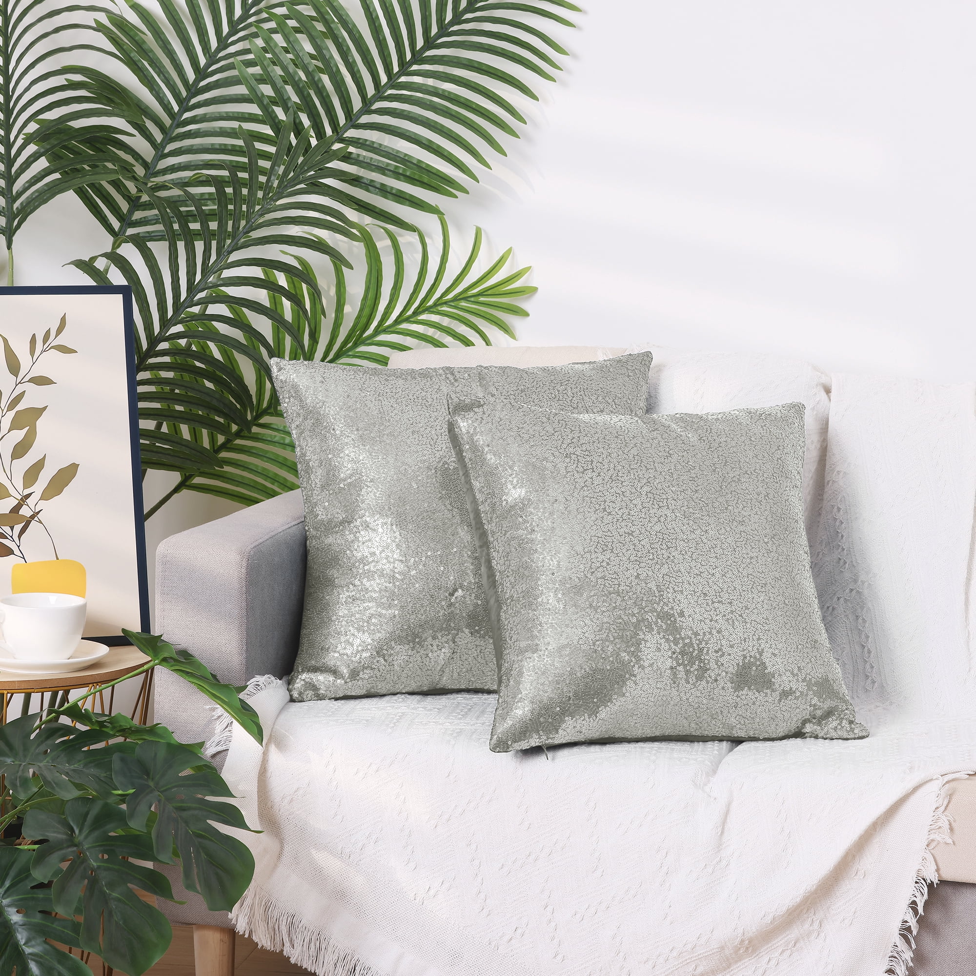 Unique Bargains Sequin Throw Pillow Covers 2 Glitter Decorative Pillow Cases Cushion Cover Silver 18" x 18"
