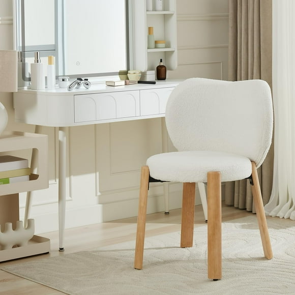 Chaise Coiffeuse en Tissu Peluche Teddy, Jolies Chaises de Bureau avec Dossier, Chaise d'Appoint Rembourrée à Roulettes pour Salon/salle de Maquillage/chambre