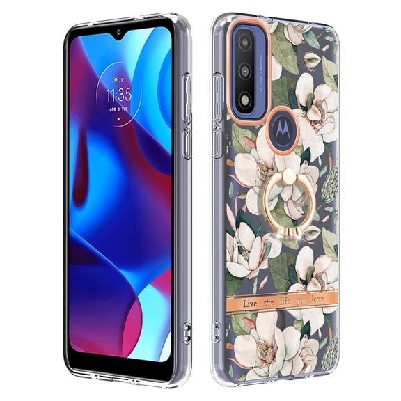 Compatible for Motorola Moto G Pure/Moto G Power 2022 Case with Ring Kickstand Holder Clear Floral Pattern Hybrid PC TPU Shockproof Protective Phone Case Cover for Women Girls, White Flower