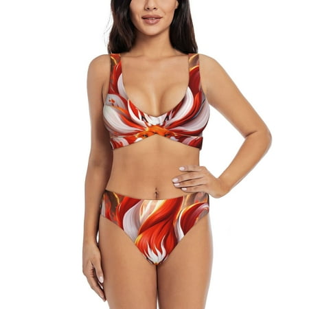 Zeuib Red Sun Flame Fox High Waisted Tummy Control Bikini Set - Knot Front Push Up Top & Cheeky Thong Bottom  Two-Piece Swimsuit for Women-Small