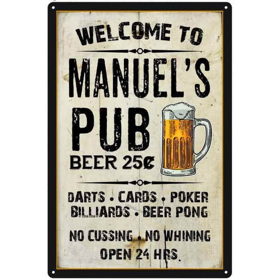 MANUEL'S Pub Sign Vintage Man Cave Bar 8 x 12 High Gloss Metal 208120028113
