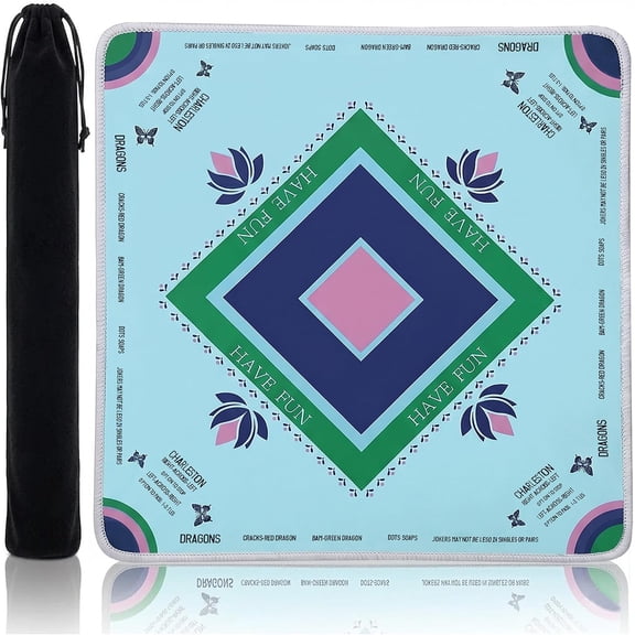 Mahjong Mat for Table with Printed Rules 31.5x31.5 Inch – American Mahjong Table Cloth Non-Slip Noise-Reduction Foldable Gaming Mat for Poker & Dominoes (Turquoise )