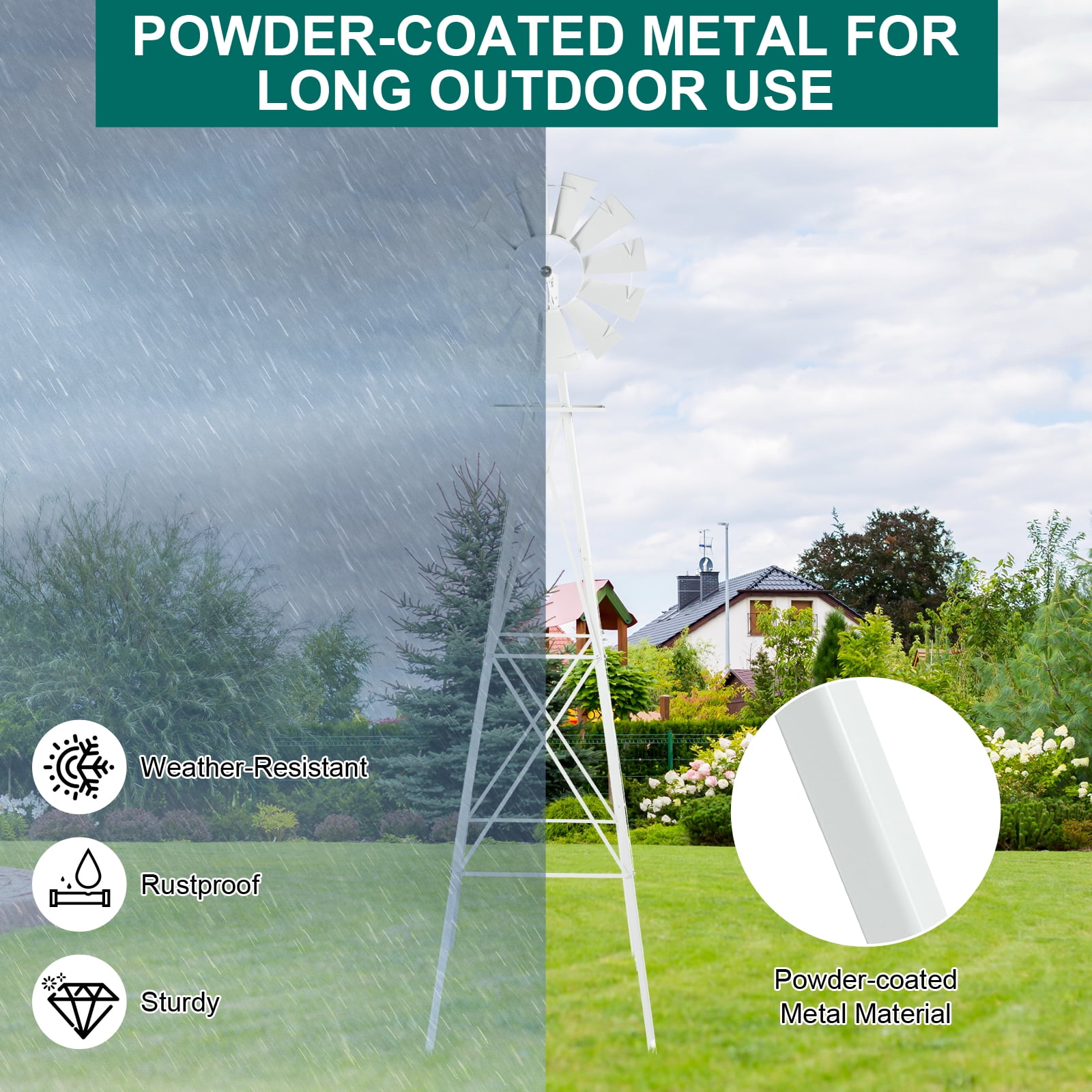 8FT Weather Resistant Yard Garden Windmill Weather Resistant, Ball Bearing for Quiet Operation, for Lawn,Garden, White