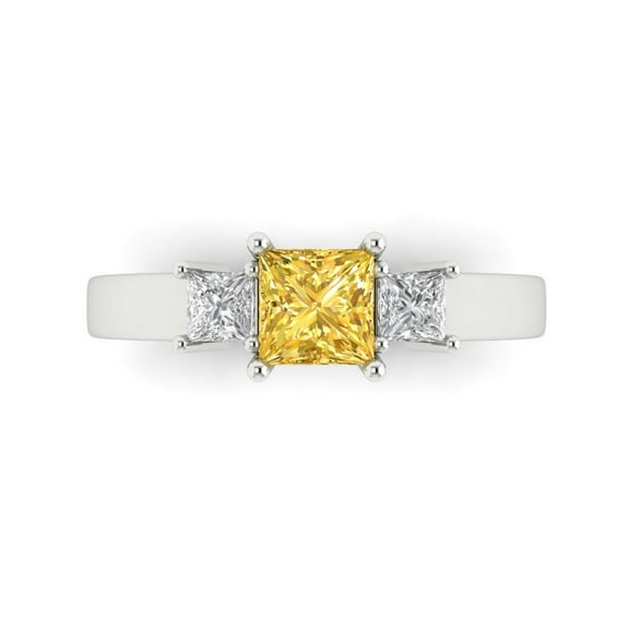 Three-Stone Engagement Ring for Women - 1.11ct Simulated Yellow Diamond in 14K White Gold Promise Ring