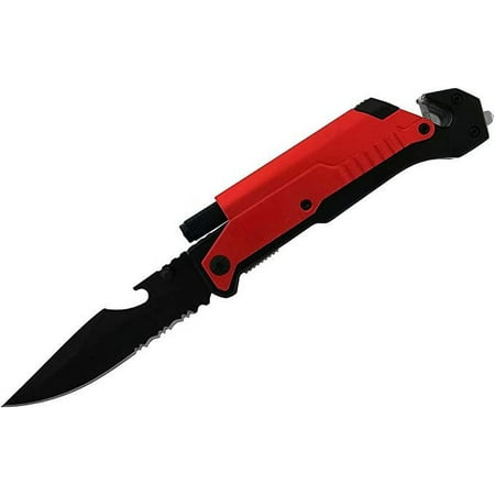 Gifts Infinity Tactical Knives 6-in-1 Survival Pocket Knife with Magnesium Fire Starter LED Flashlight Bottle Opener Seat Belt Cutter and Windows Breaker (Red)
