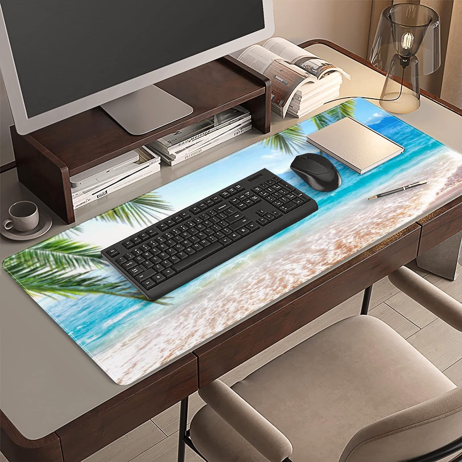 Palm Trees Beach Waves Desk Mat, Desk Accessory, Cute Workspace, Trendy Workspace, Trendy, 35.4x15.7in Large Gaming Mouse Pad, Cute Desk Topper, Pretty Desk Pad