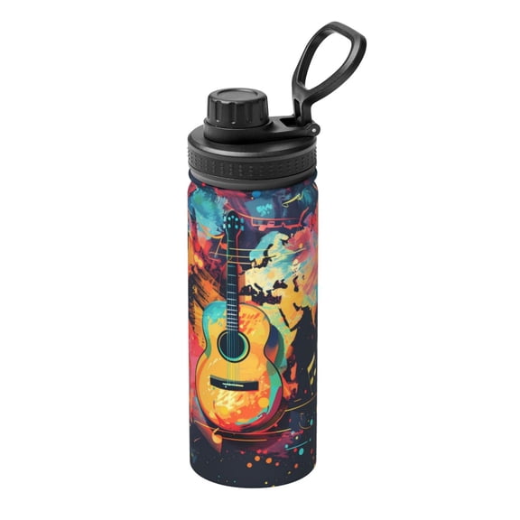 Logiee World Map Guitar Illustration Print Water Bottle,18oz Sports Insulated Kettle for Cycling Gym Basketball Outdoor, Suitable as a Present