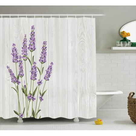 Country Bathroom Sets Lavender Shower Curtain, Aromatic Herbs Bouquet on Rustic Wood Planks Fresh Country, Fabric Bathroom Set with Hooks, 69W X 70L Inches, Lavender Olive Green and Pale Grey, by Ambesonne ()