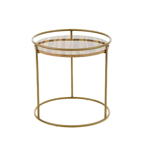 Modrest Gilcrest Stainless Steel & Faux Marble End Table in Brown/Gold