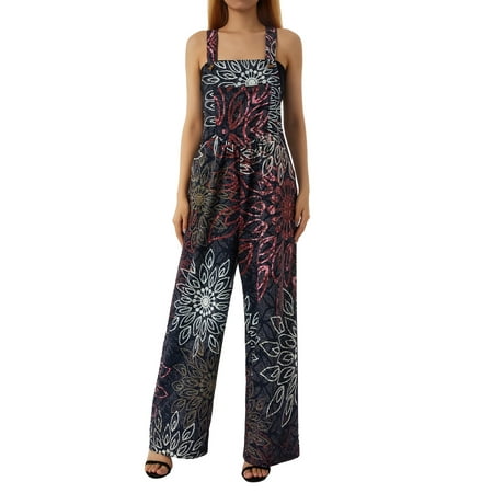 Acuteok Women Casual Bodysuit  Floral Printed Wide Leg Sleeveless Loose Sling Long Jumpsuit