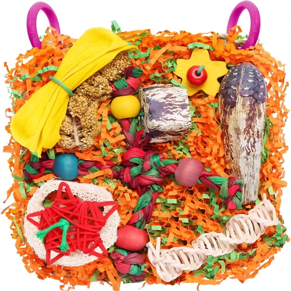 BESTSKY Bird Toys for Small&Medium Parrots-Natural Foraging&Shredding Cage Hanging Toys with Seagrass Mat,Starfruit,Loofah Slices for Budgies,Cockatiels,Lovebirds,Conures(1 Pcs)
