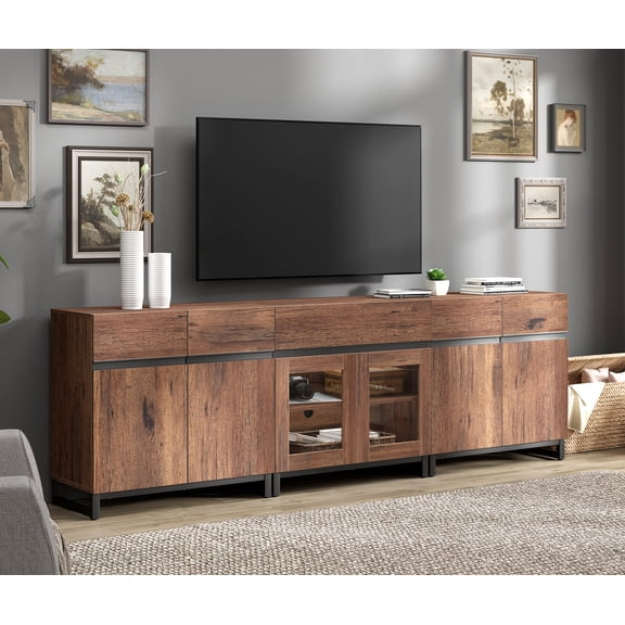 WAMPAT 3-in-1 Modern Entertainment Center TV Stand for TVs up to 100 Inch, with Metal Base & 2 Adjustable Shelves, Living Room TV Console, Brown