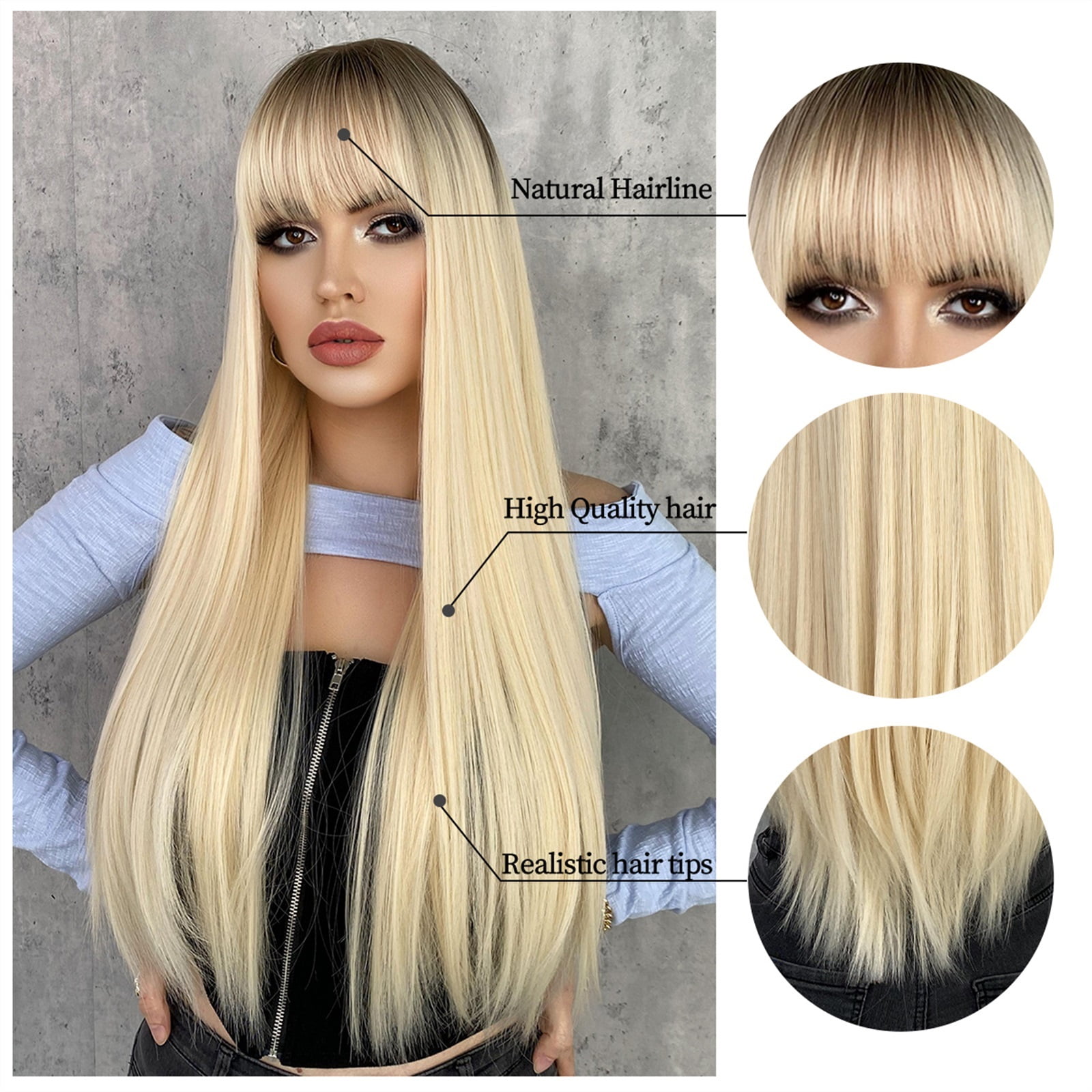 Light Blonde Long Straight Hair Women Wig with Bangs Synthetic Wig Daily Use Heat Resistant Fiber Natural Female Fake Hair